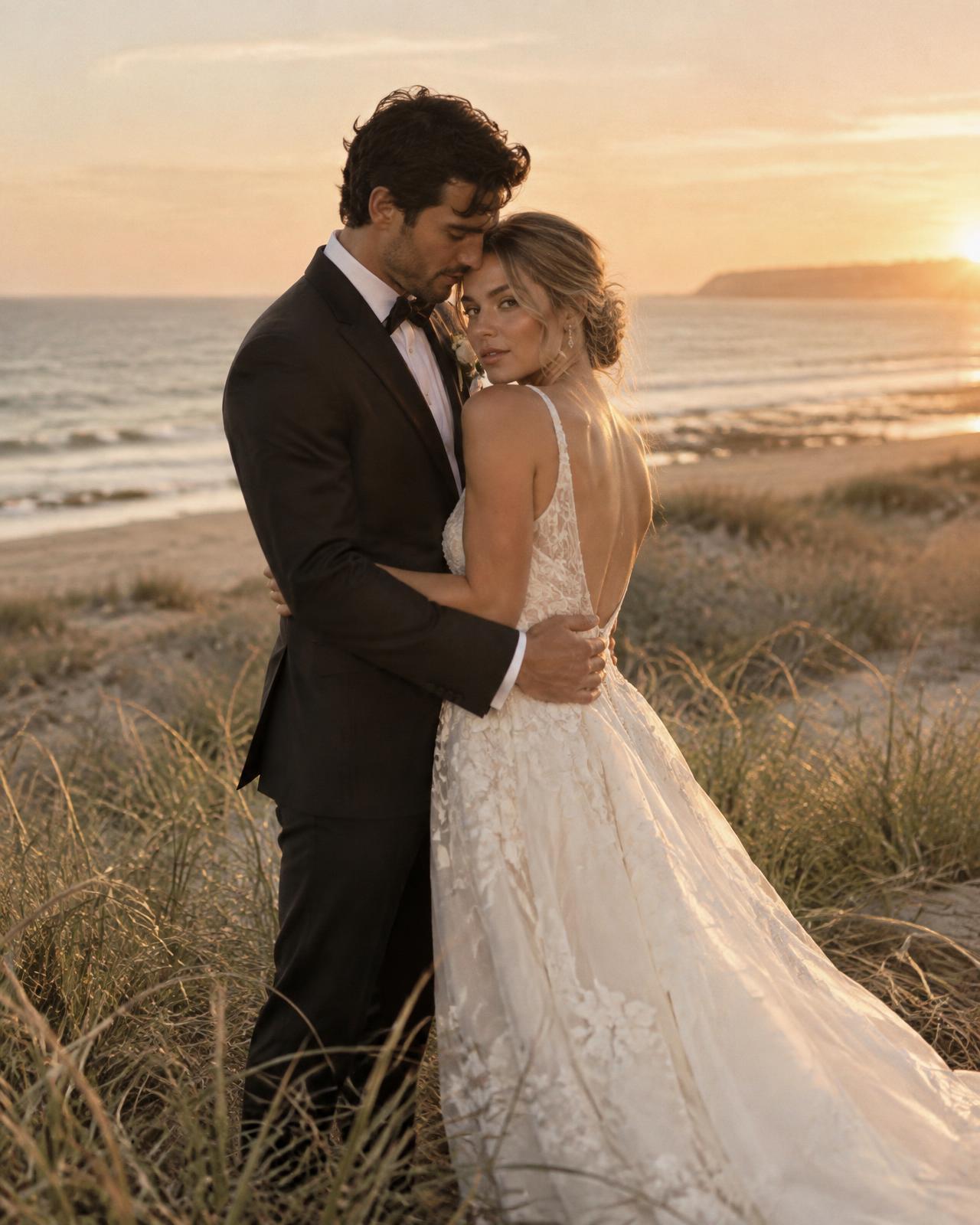Bride and groom embracing on the dunes at sunset